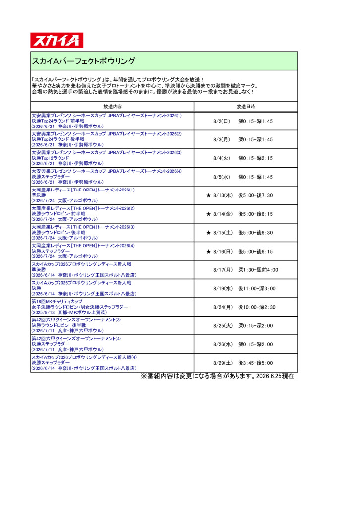スカイA【2026年8月】パーフェクトボウリング放送予定のサムネイル