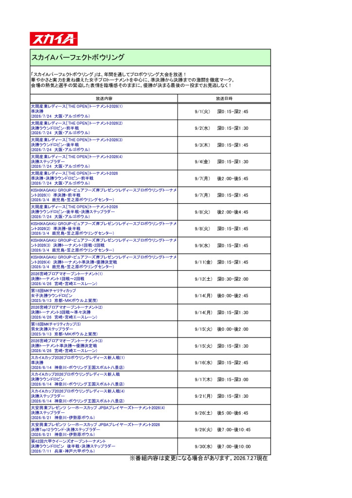 スカイA【2026年9月】パーフェクトボウリング放送予定のサムネイル